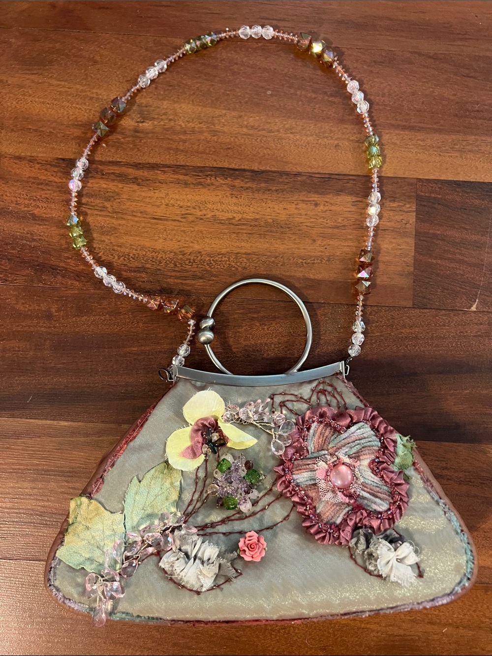 Mary Frances Sage Green and Burgundy Floral Beaded-Handbag